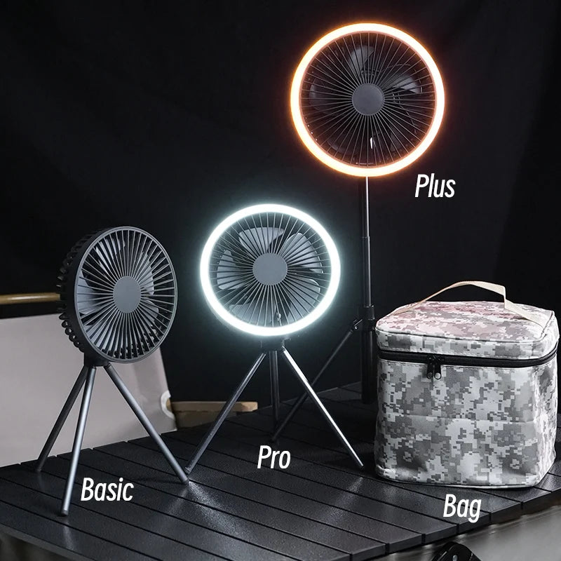 Ventilador de Camping de 10000mAh, circulador portátil de escritorio recargable, ventilador eléctrico de techo inalámbrico con Banco de energía, trípode de iluminación LED