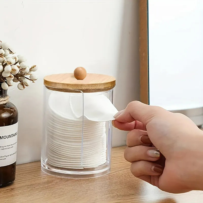 Caja de almacenamiento acrílica con tapa, dispensador de soporte Qtip, tarro de plástico transparente, organizador de maquillaje, organización de almacenamiento de recipiente para baño