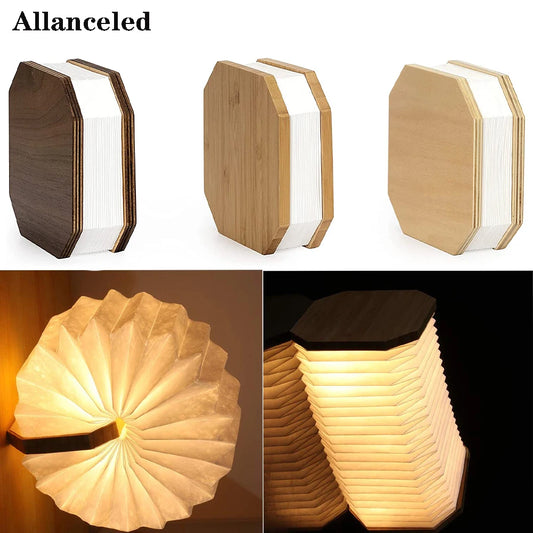 Lámpara de mesa LED, luz nocturna de acordeón plegable, carga USB de 3 colores, luz de libro de madera, luces de regalo de cumpleaños para niños, iluminación decorativa