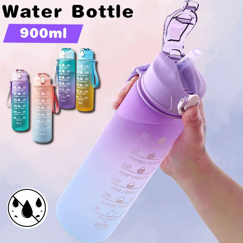 Botella de agua deportiva de 900ML con marcador de tiempo, taza a prueba de fugas, botella de agua portátil motivacional para deportes al aire libre, Fitness, sin BPA