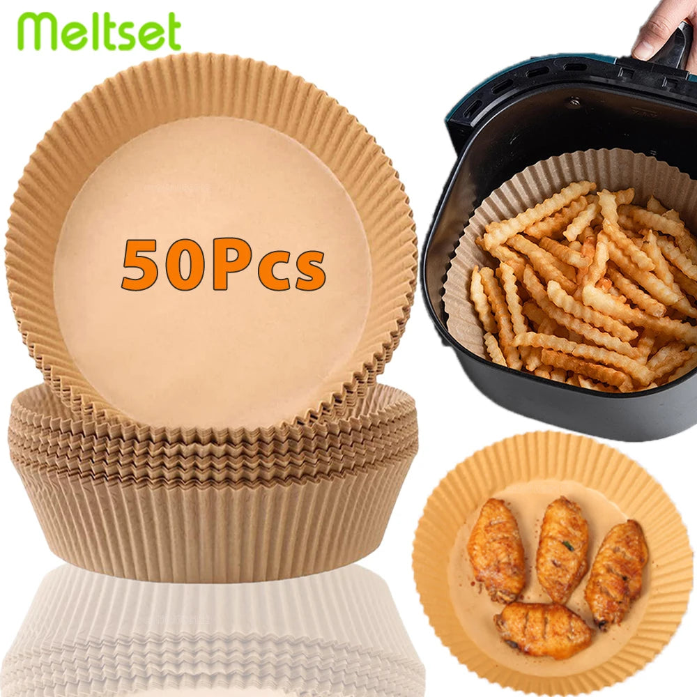 Papier jetable antiadhésif pour friteuse à Air, 50 pièces, papier de cuisson rond pour friteuse à Air, doublures en papier, accessoires de cuisine