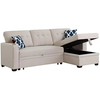 L-Shaped 3-Seaters Corner Sectional Sofa Linen Upholstered Sofa&Couch Convertible Sofabed W/Pull Out Sleeper Couch Bed