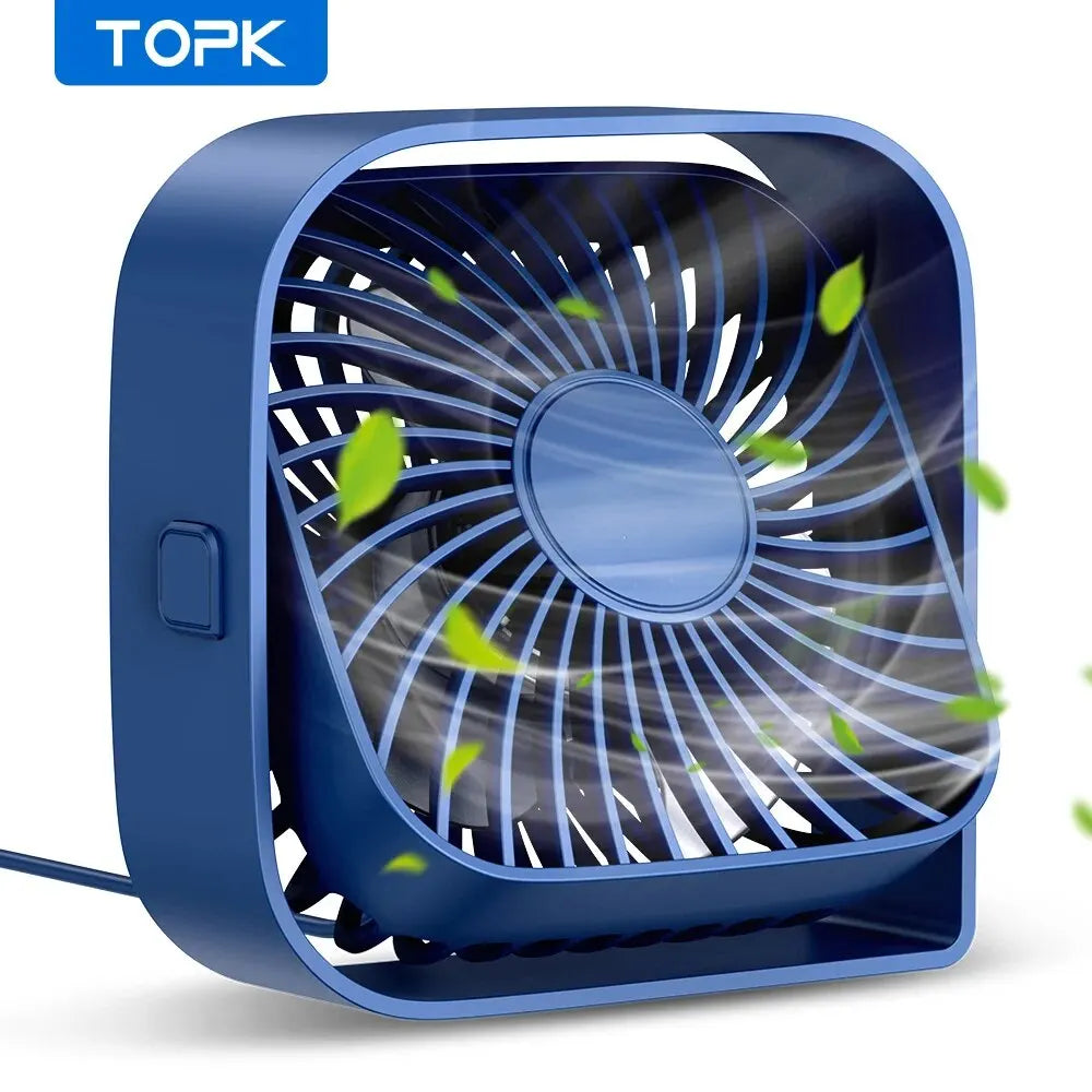 TOPK USB Desk Fan Strong Airflow & Quiet Operation 3 Speed Wind Mini Table Fan 360° Rotatable Head for Home Office Bedroom Table