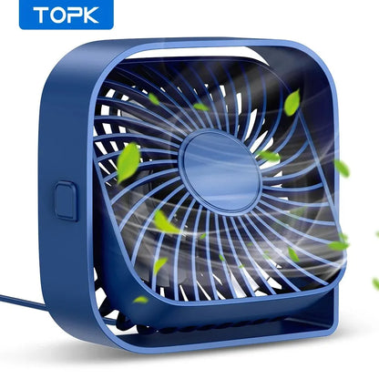 TOPK Ventilateur de bureau USB Débit d'air puissant et fonctionnement silencieux Mini ventilateur de table à vent à 3 vitesses Tête rotative à 360 ° pour table de chambre à coucher de bureau à domicile