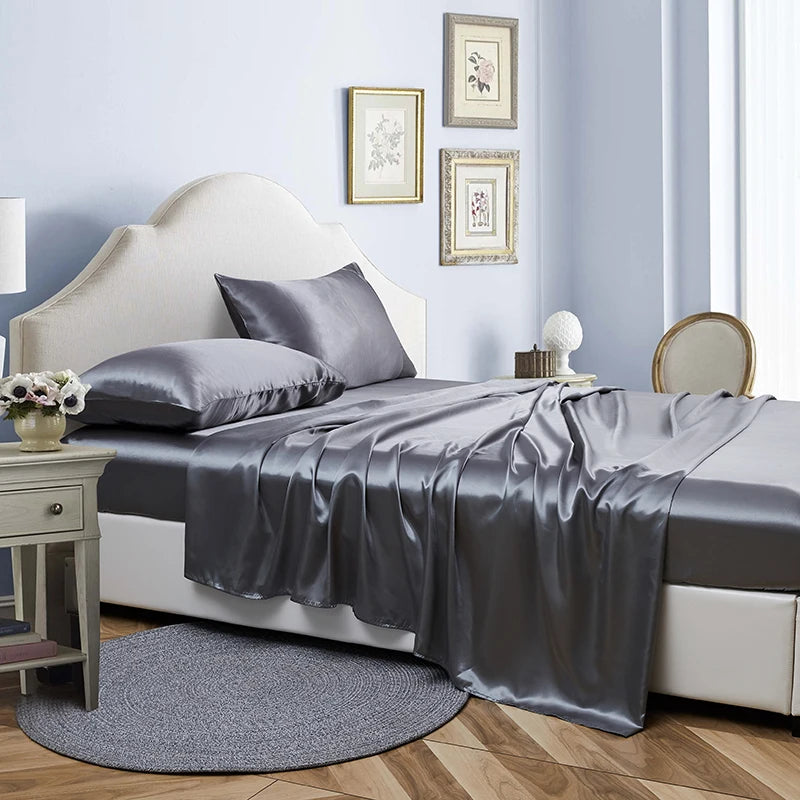 Draps de lit en Satin haut de gamme, ensemble de 4 pièces, draps de lit Queen, draps-housses de luxe avec taie d'oreiller, drap de lit à bande élastique