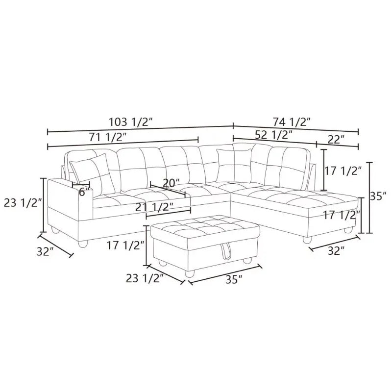 Hommoo Canapé sectionnel convertible en forme de L pour petit salon, blanc (sans pouf)