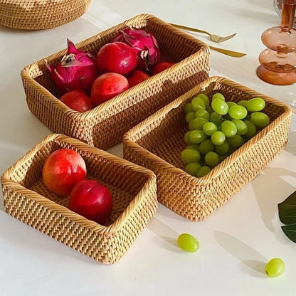 Cesta de mimbre Rectangular tejida a mano, caja de almacenamiento de cosméticos para fruta, té, merienda, pan, Picnic, suministros de cocina, herramientas para el hogar