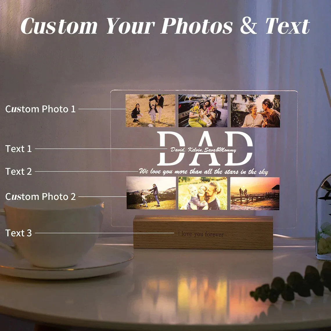 Lámpara acrílica 3D personalizada con foto y texto, luz nocturna personalizada para dormitorio para mamá, papá, amor, día familiar, regalo de cumpleaños y Navidad