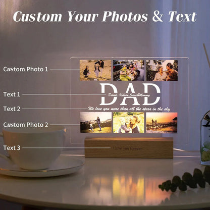 Lampe acrylique 3D personnalisée avec texte photo personnalisé, veilleuse de chambre à coucher pour maman papa amour, cadeau d'anniversaire de Noël pour le jour de la famille