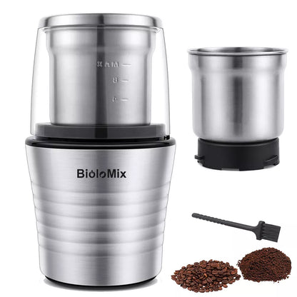 BioloMix 2-en-1 double tasses humides et sèches 300W moulin à épices et grains de café électrique corps en acier inoxydable et lames de meunier