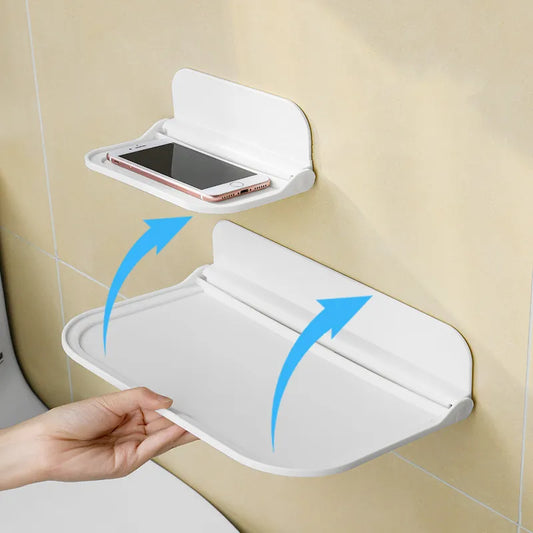 Étagère murale pliante permettant de gagner de l'espace, support de rangement pliable, support pour téléphone sans poinçon, routeur Wifi, plateau de rangement, organisateur de salle de bain