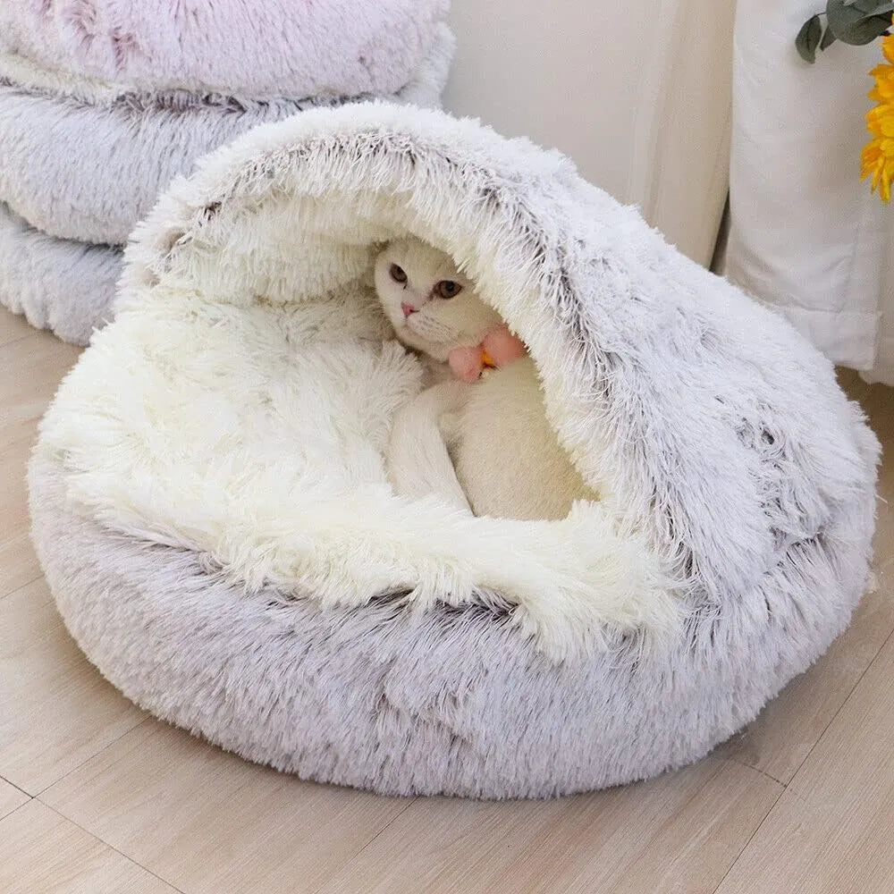 Soft Plush Pet Bed with Cover Round Cat Bed Pet Mattress Warm Cat Dog 2 in 1 Sleeping Nest Cave for Small Dogs