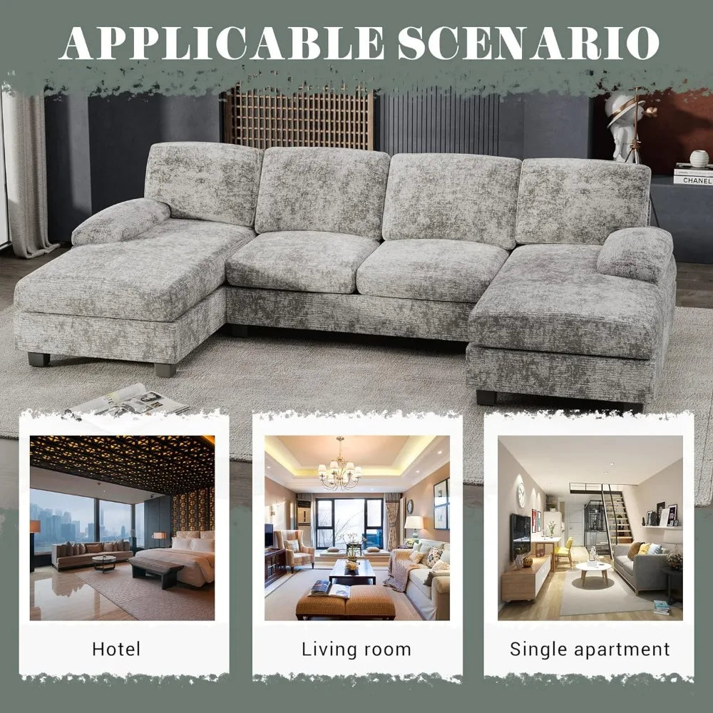 Convertible Sectional Sofa Couch,4 Seat Sofa Set U-Shaped Fabric Modular Sleeper with Double Chaise Memory Foam Grey Couch