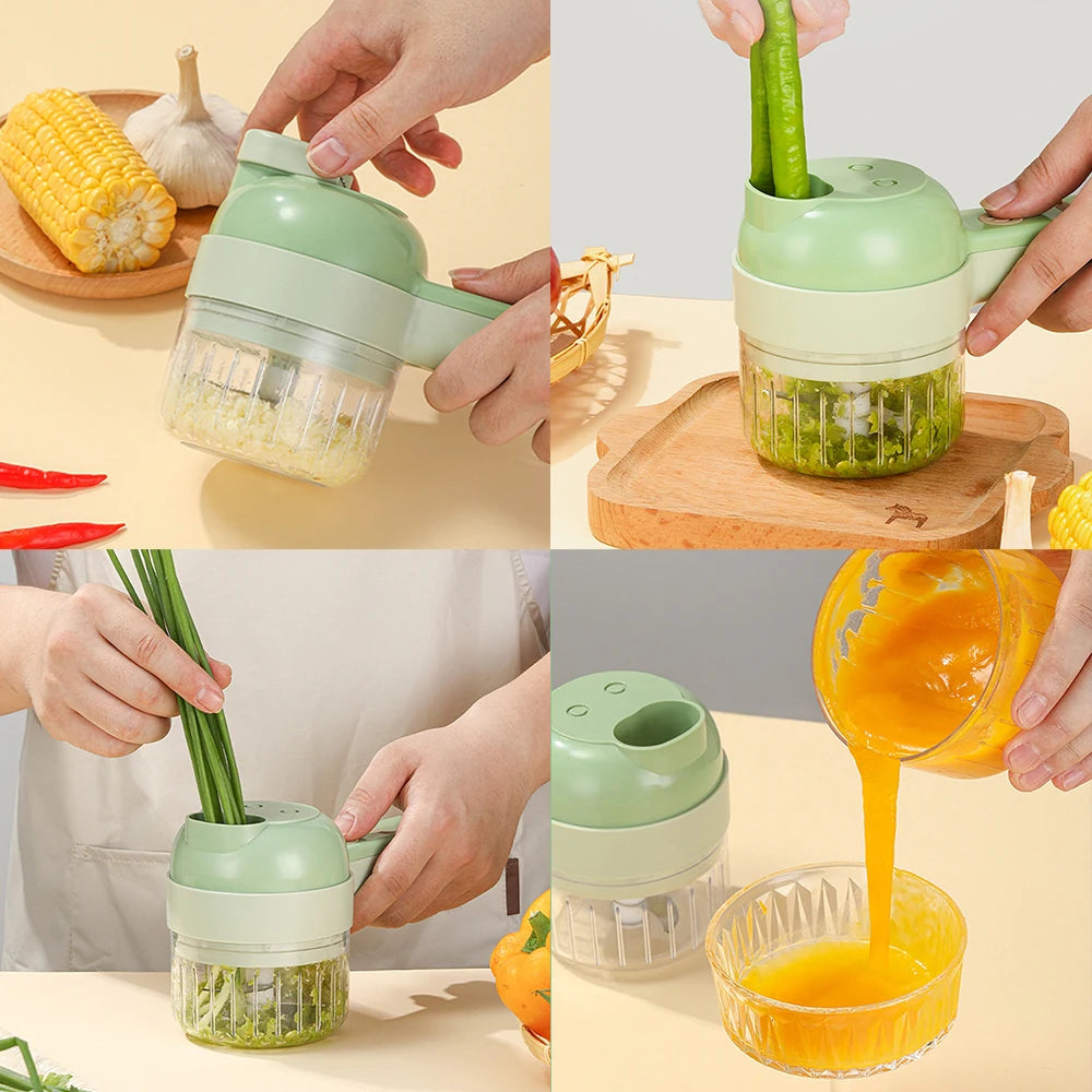 4 IN 1 Electric Vegetable Cutter Set Multifunctional Garlic Mud Masher Chopper Mini Food Processor Cutting Pressing Mixer Slicer