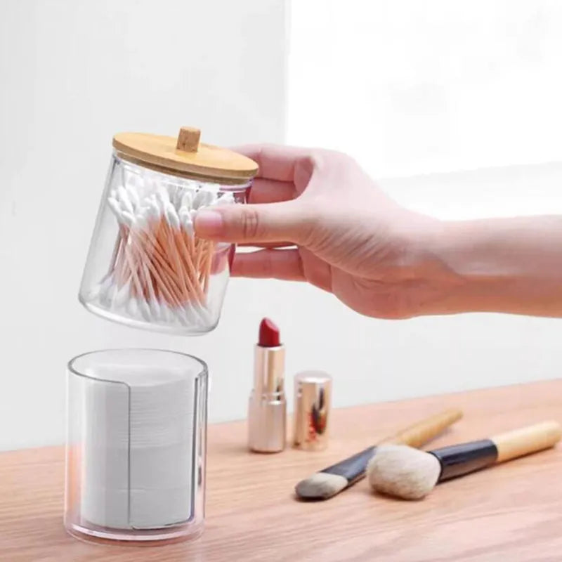 Acrylic Storage Box Bathroom Jar Makeup Organizer Cotton Round Pad Holder Cotton Swab Box Qtip Holder Dispenser with Bamboo Lid