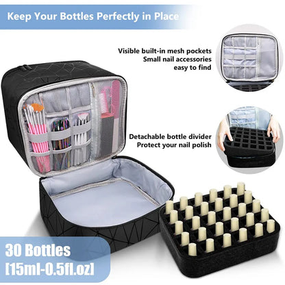 Bolsa de almacenamiento de esmalte de uñas, 30 botellas, bolso grande portátil para cosméticos, organizador con asa para viaje, bolsa de aceite esencial de 2 capas