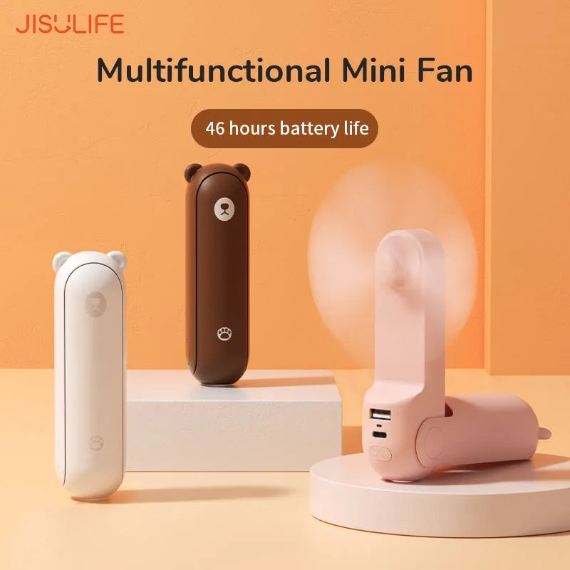 Ventilador portátil JISULIFE 3 en 1, Mini ventilador de refrigeración portátil, recarga USB de 4800mAh, pequeño ventilador de bolsillo con batería externa, función de linterna