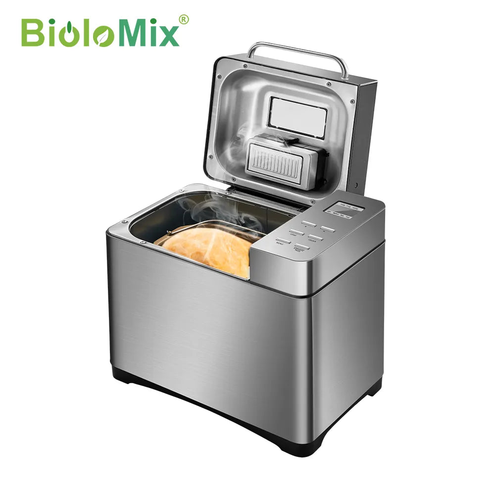 Biolomix Máquina para hacer pan automática 19 en 1 de acero inoxidable, 1KG, 650W, programable, con dispensador de frutas y nueces de 3 tamaños