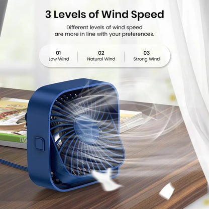 TOPK USB Desk Fan Strong Airflow & Quiet Operation 3 Speed Wind Mini Table Fan 360° Rotatable Head for Home Office Bedroom Table