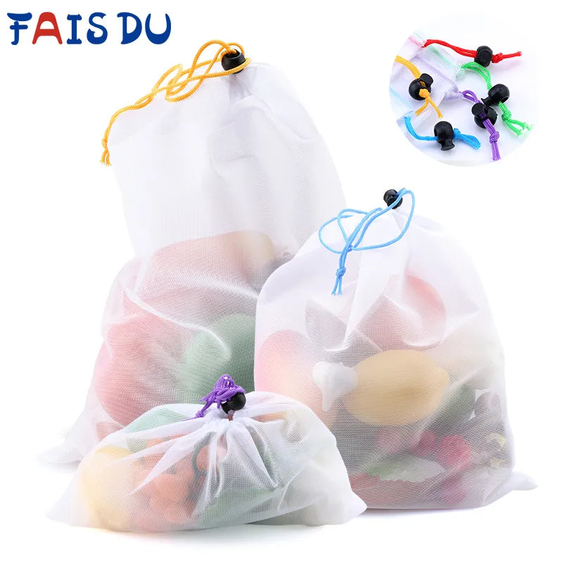 Sacs colorés réutilisables pour fruits et légumes, 5 pièces, sac en filet pour produits, sacs en maille lavables, sacs de rangement de cuisine, jouets et articles divers