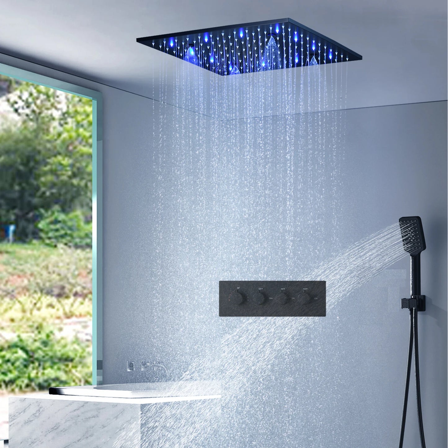 High Quality Black Massage 16/20inch Shower Head Panel Rainfall SPA Spray LED Shower Faucet Set Thermostatic Valve Mixer System