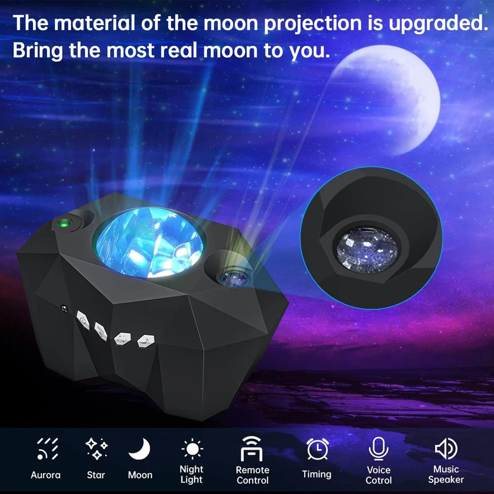 Proyector de luces de estrellas Aurora Galaxy Moon con control remoto, lámparas de noche de cielo, regalo para niños y adultos, altavoz de música Bluetooth, decoración del hogar