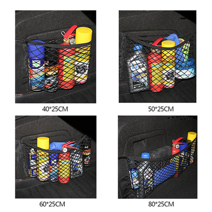 Filet de rangement pour coffre arrière de voiture, filet en maille pour siège, chaîne élastique, autocollant magique, sac de rangement universel, organisateur de poche pour automobile