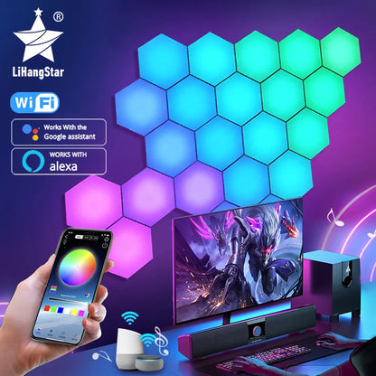 Applique murale d'intérieur hexagonale LED RGB, WIFI, télécommande avec application, veilleuse, ordinateur, salle de jeux, chambre à coucher, décoration de chevet