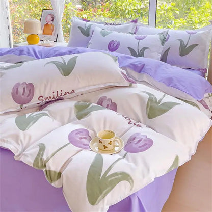 Spring autumn skin-friendly cotton 100% thickened pure brushed quilt cover 3-piece bed linen set of 4-piece home sheets