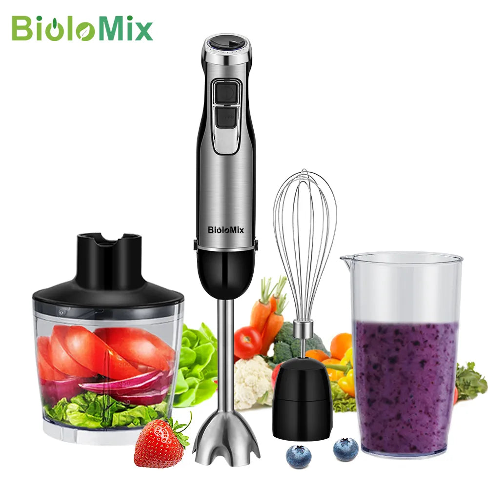 BioloMix Mélangeur à main à immersion 4 en 1 haute puissance 1200 W avec hachoir et tasse à smoothie, lames de glace en acier inoxydable