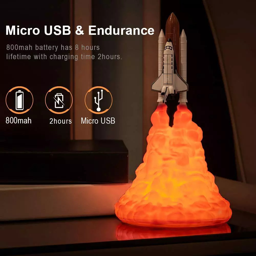 Lámpara LED de noche con impresión 3D, lanzadera espacial, cohete, luz nocturna, recargable por USB, lámpara de escritorio espacial para regalo de Navidad y cumpleaños para niños