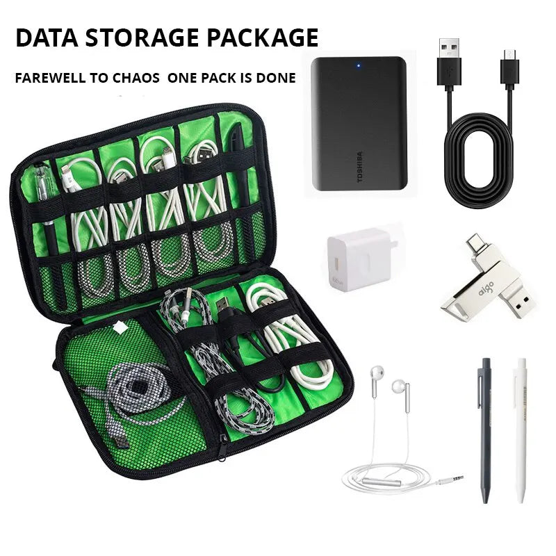 Bolsa de almacenamiento negra y verde, organizador de accesorios electrónicos, cargador de Cable de datos USB portátil, organizador impermeable de viaje, 1 ud.