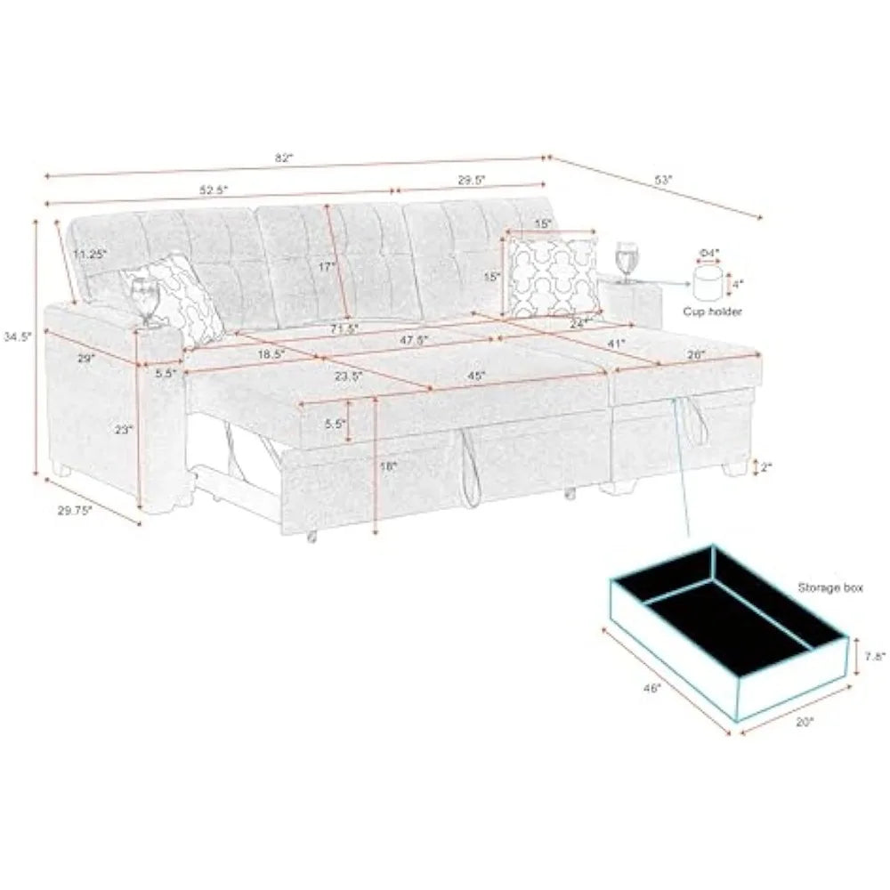 Sofá seccional esquinero de 3 plazas en forma de L, sofá y sofá tapizado de lino, sofá cama convertible con sofá cama extraíble