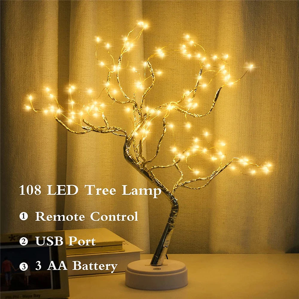 Lámpara de árbol de espíritu de hadas brillante remota, 108 LED, luz nocturna Artificial para dormitorio, 8 modos, batería USB, luz nocturna de árbol bonsái