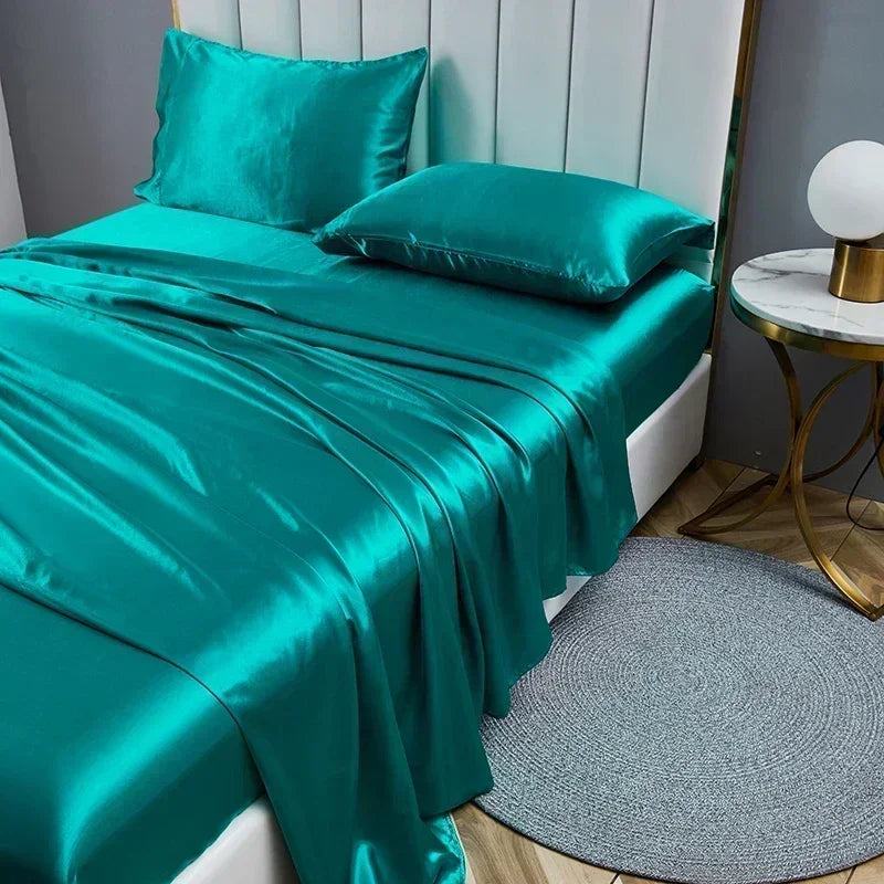 Ensemble de draps de lit en tissu satiné de luxe, Queen Size, King, drap-housse de haute qualité, drap plat, taie d'oreiller, ensemble de lit solide