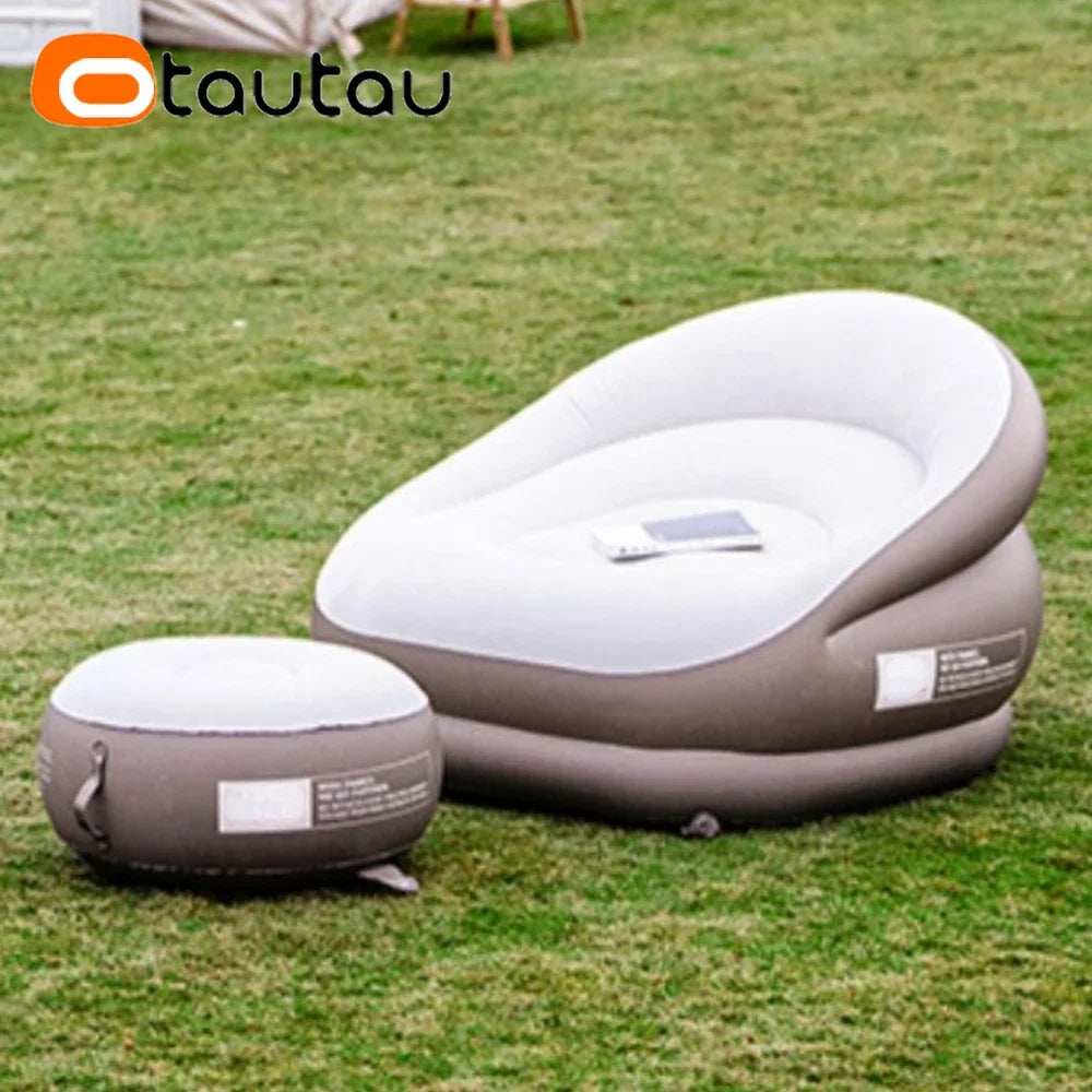 OTAUTAU Outdoor Inflatable Sofa with Footrest Ottoman Stool Portable Camping Folding Furniture Chasie Lounge Recliner SF101