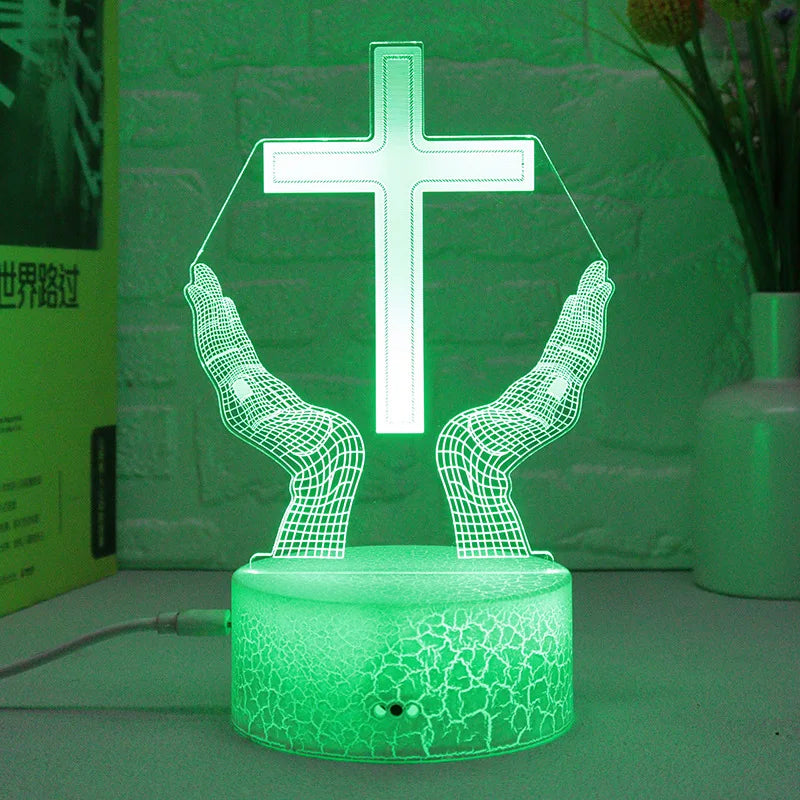 New Jesus Cross 3D LED Night Light for Friends Xmas Easter Room Decor Gifts Crucifix Optical Illusion Desk Table Lamp Nightlight