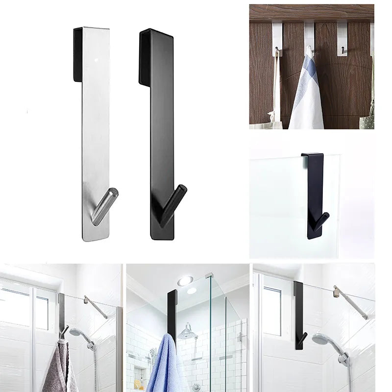 Acero inoxidable sobre puerta de vidrio, puerta de ducha, toallero de ducha trasero, colgador de albornoz de baño en forma de S, ganchos de soporte