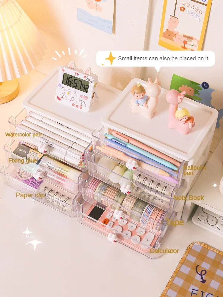 1-piece Desk Storage Drawer Cute Plastic Transparent  Box Stationery Cosmetics   Container