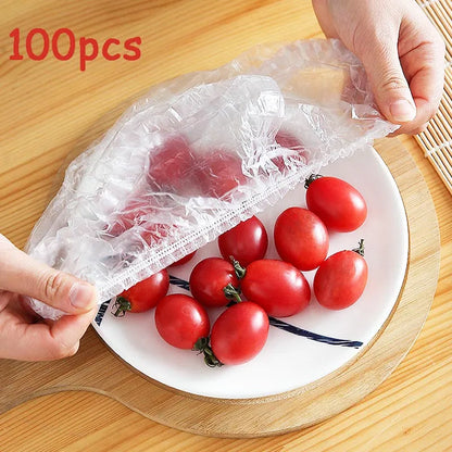 100 Uds cubierta desechable para alimentos tapas de plástico elásticas para alimentos para fruteros tazas tapas almacenamiento cocina bolsa de ahorro de mantenimiento fresco