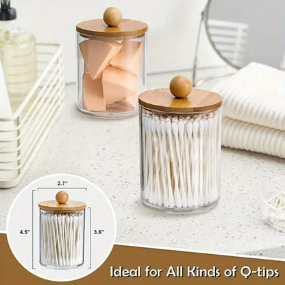 Dispensador de soporte Qtip con tapa de bambú, recipientes de plástico transparente para boticario de 10 oz para tocador, organizador de maquillaje, almacenamiento para baño