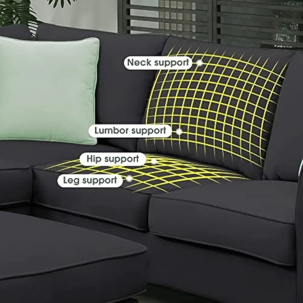 L-shaped Sofa,7-seater Fabric Sofa with 3 Pillows, Black