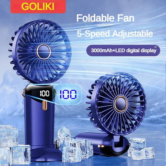 3000mAh Handheld Mini Fan Foldable Portable Neck Hanging Fans 5 Speed USB Rechargeable Fan with Phone Stand and Display Screen