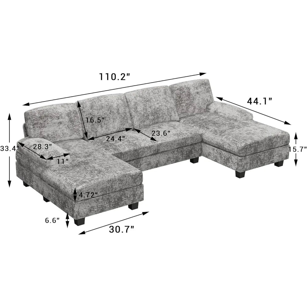 Convertible Sectional Sofa Couch,4 Seat Sofa Set U-Shaped Fabric Modular Sleeper with Double Chaise Memory Foam Grey Couch