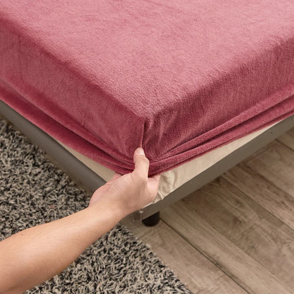 Drap-housse élastique en peluche pour l'hiver, drap de lit Double, couvre-lit chaud, housse de matelas de couleur unie, protection du linge de lit (sans taie d'oreiller)