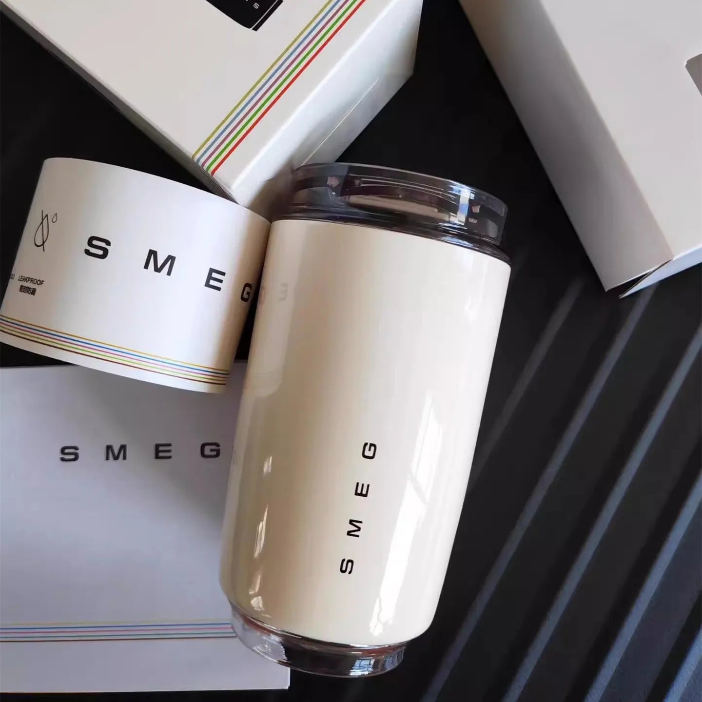 Original SMEG 320ML Milk White Beverage Cup Travel Portable Drinking Cup Stainless Steel Vacuum Leak proof Coffee Thermos