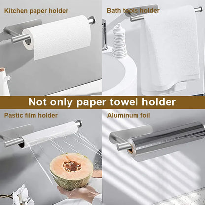 Soporte para papel de cocina de acero inoxidable, portarrollos de papel higiénico adhesivo, sin agujeros, para cocina, baño, estante de almacenamiento alargado