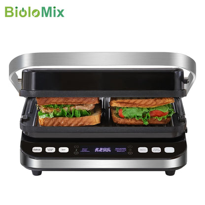 BioloMix Parrilla de contacto eléctrica de 2000 W Plancha digital y prensa para panini, placas para hacer gofres opcionales, abre barbacoa de 180 grados