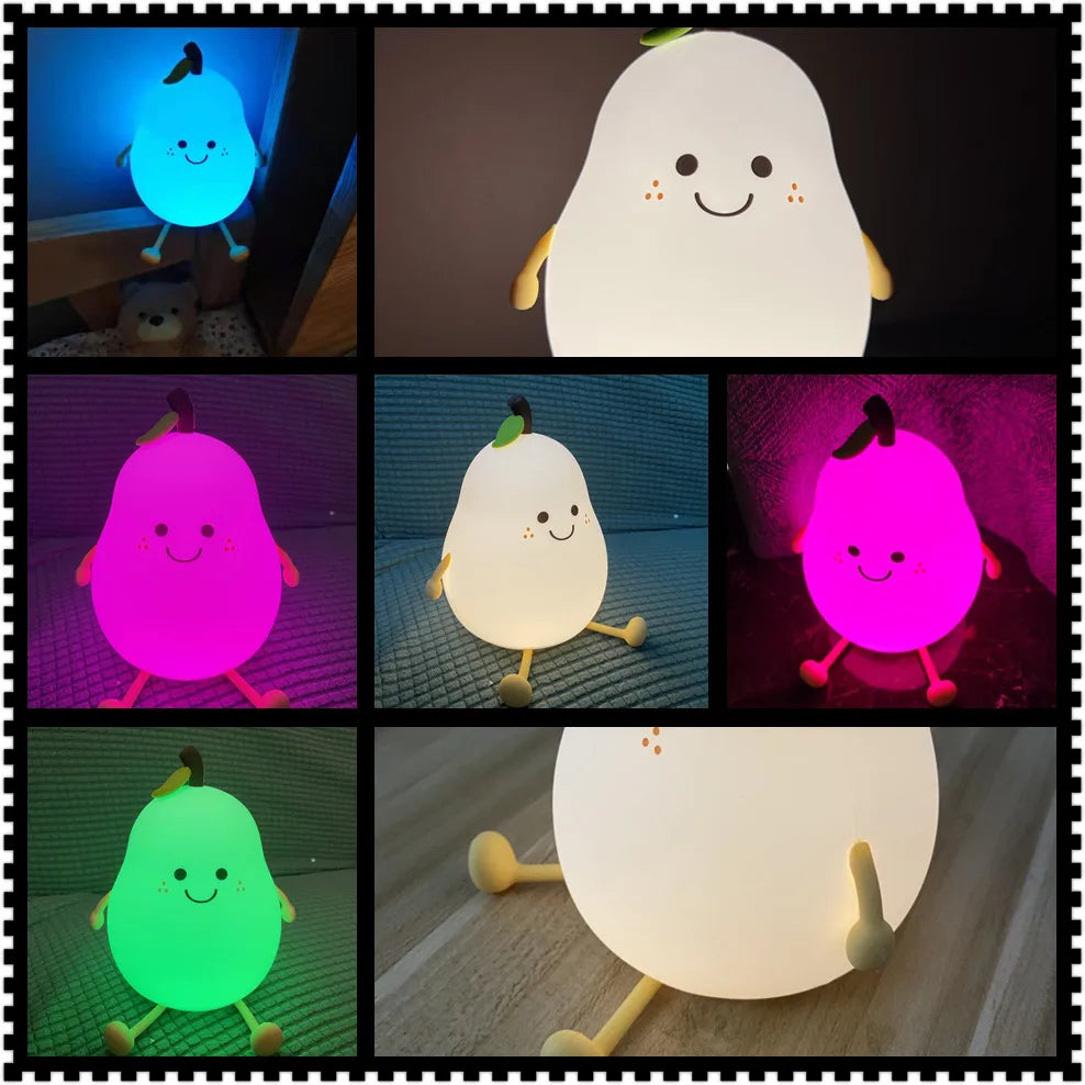 LED Pear Fruit Night Light USB Rechargeable Dimming Touch Silicone Nightlights Bedroom Bedside Decoration Couple Gift Boby Light