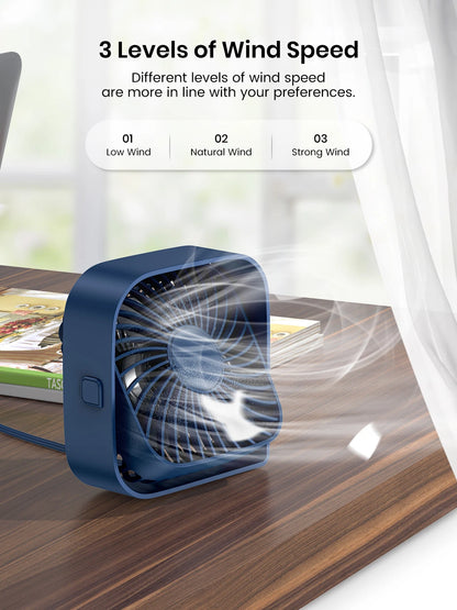 TOPK USB Desk Fan Strong Airflow & Quiet Operation Three-Speed Wind Mini Table Fan 360° Rotatable Head for Home Office Bedroom